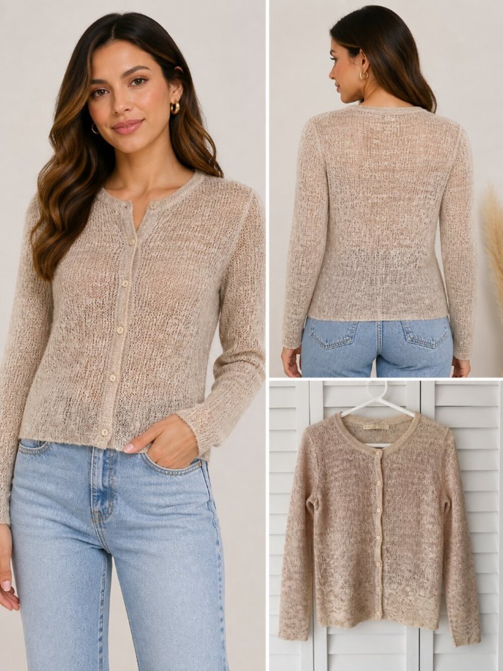 Shoulder Knit Cardigan Beige Button Front Lightweight Sweater Size Small